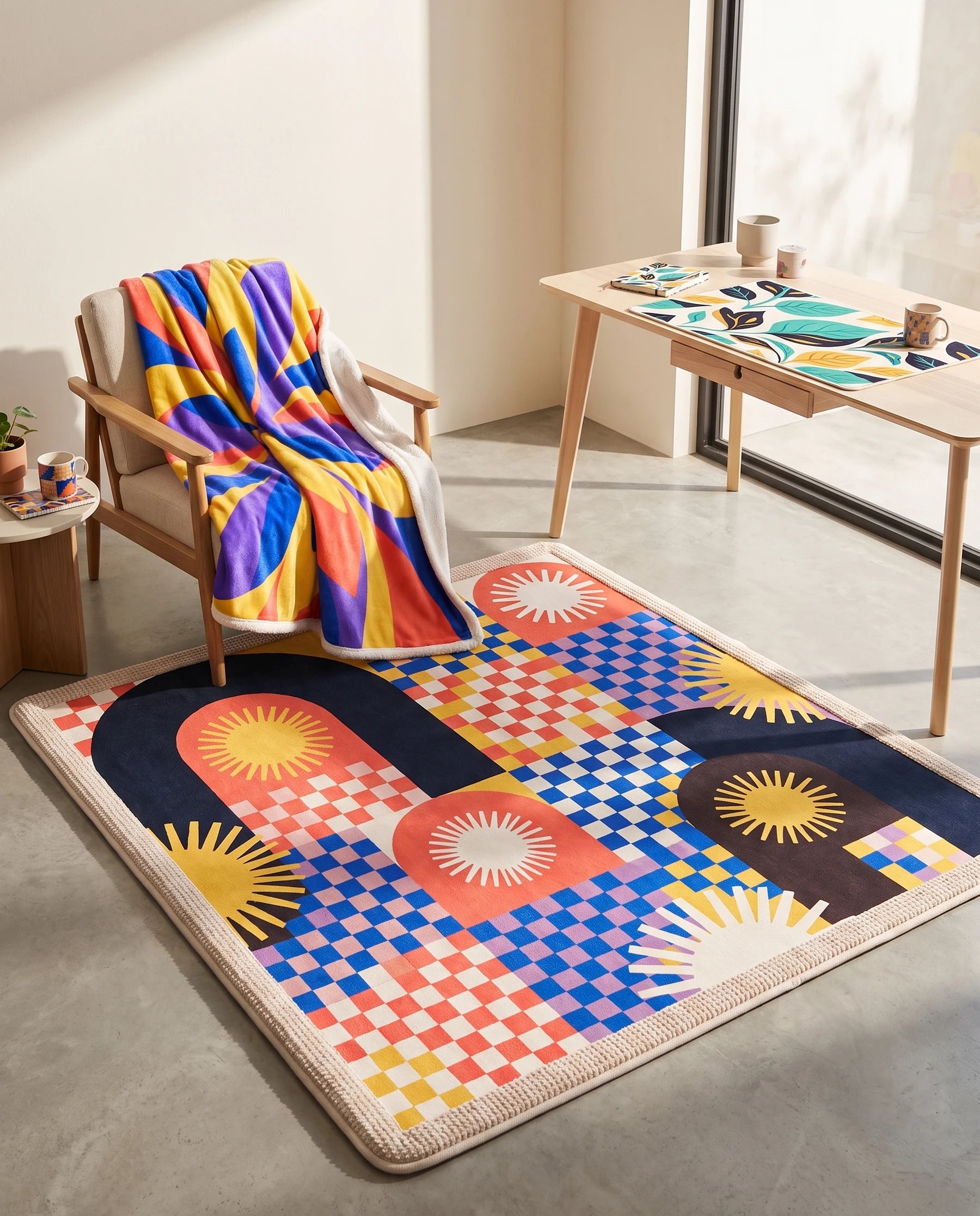 Personalized rugs, blankets and everyday essentials in a colorful modern room
