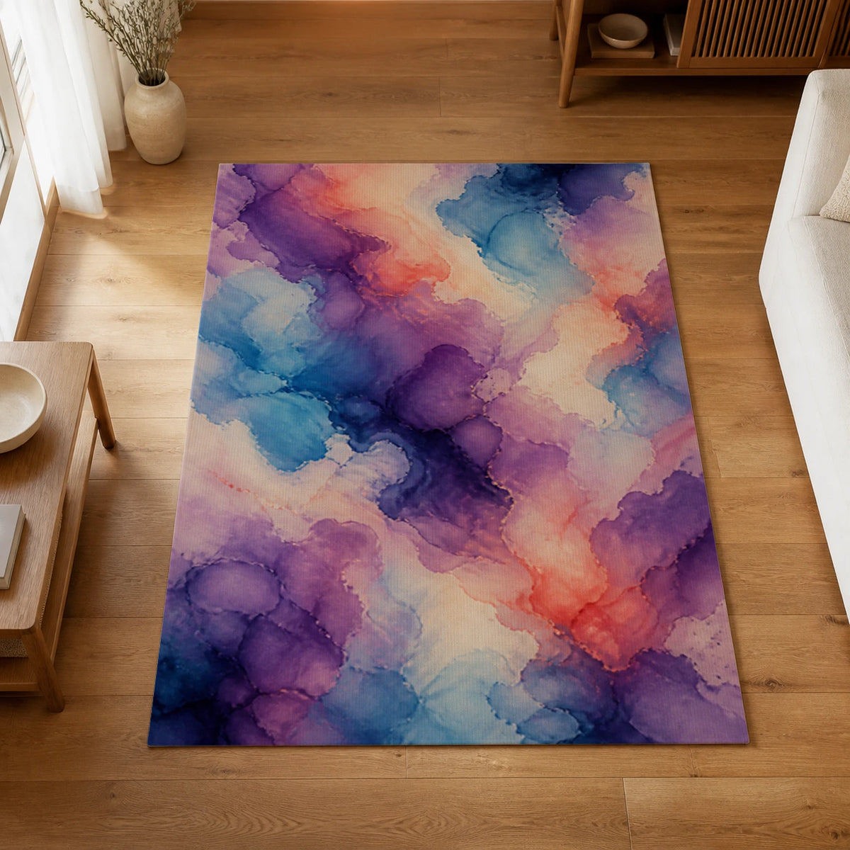 Fluid Atmosphere Purple Abstract Area Rug — styled in a living space