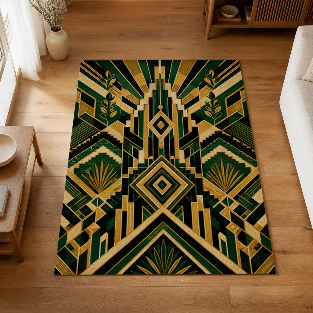 Wealth Geometry Green Art Deco Area Rug — styled in a living space