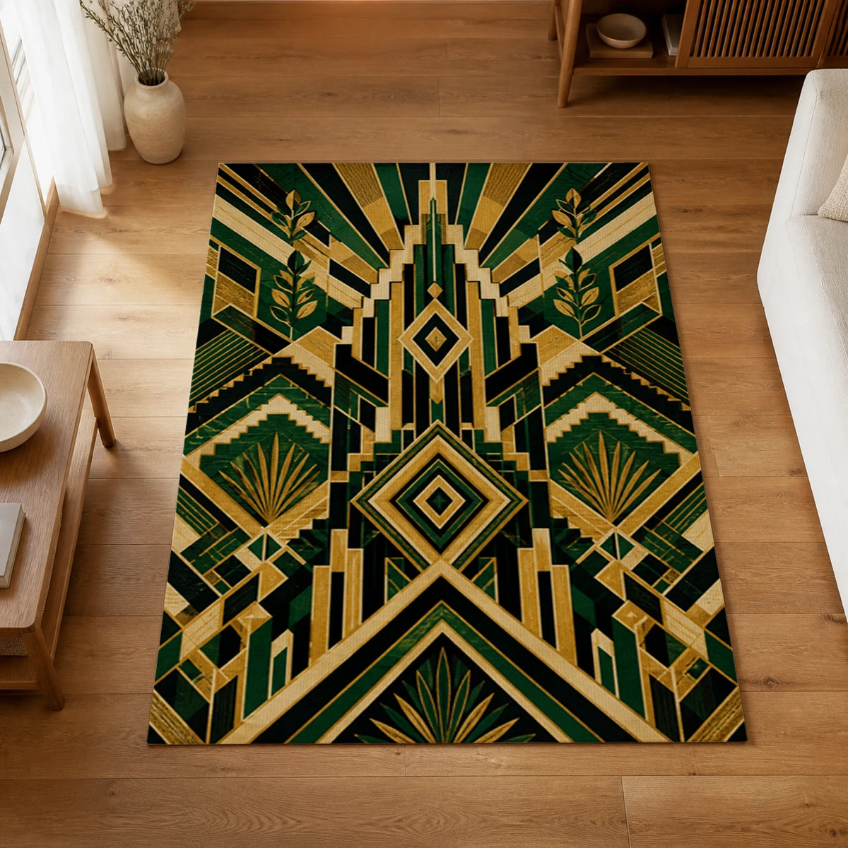 Wealth Geometry Green Art Deco Area Rug — styled in a living space