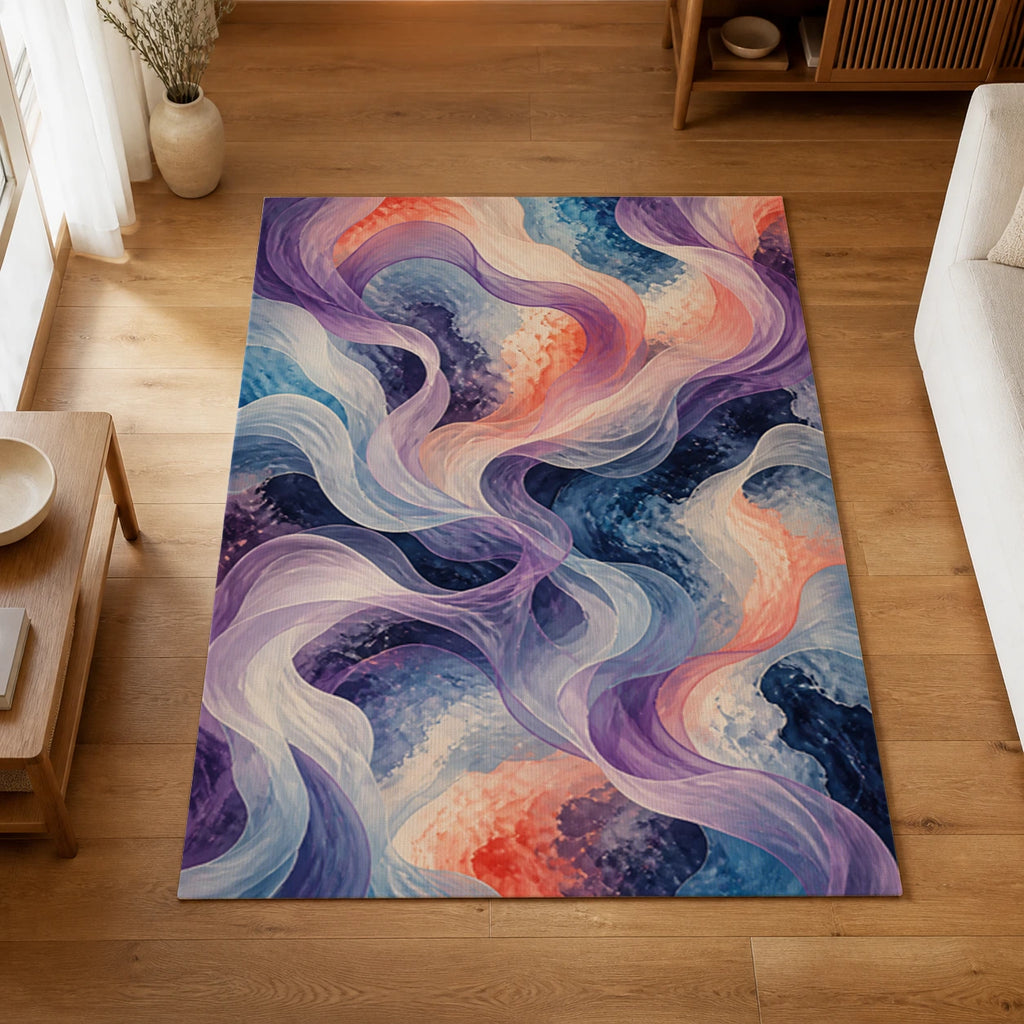 Ethereal Ribbons Blue and Violet Area Rug — styled in a living space