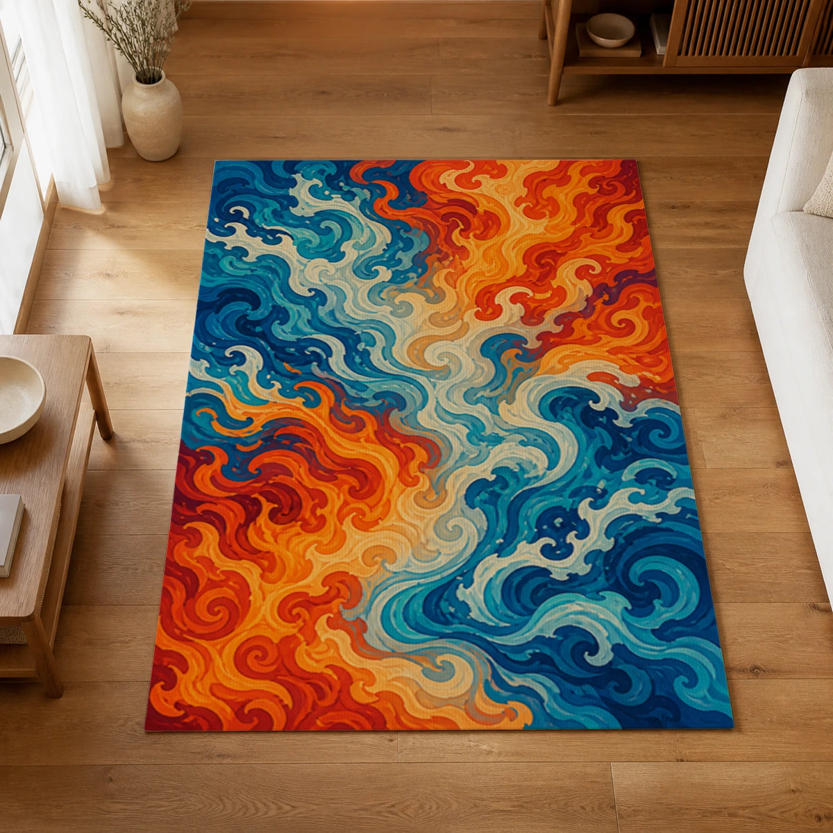 Fire and Water Fusion Elemental Area Rug — styled in a living space