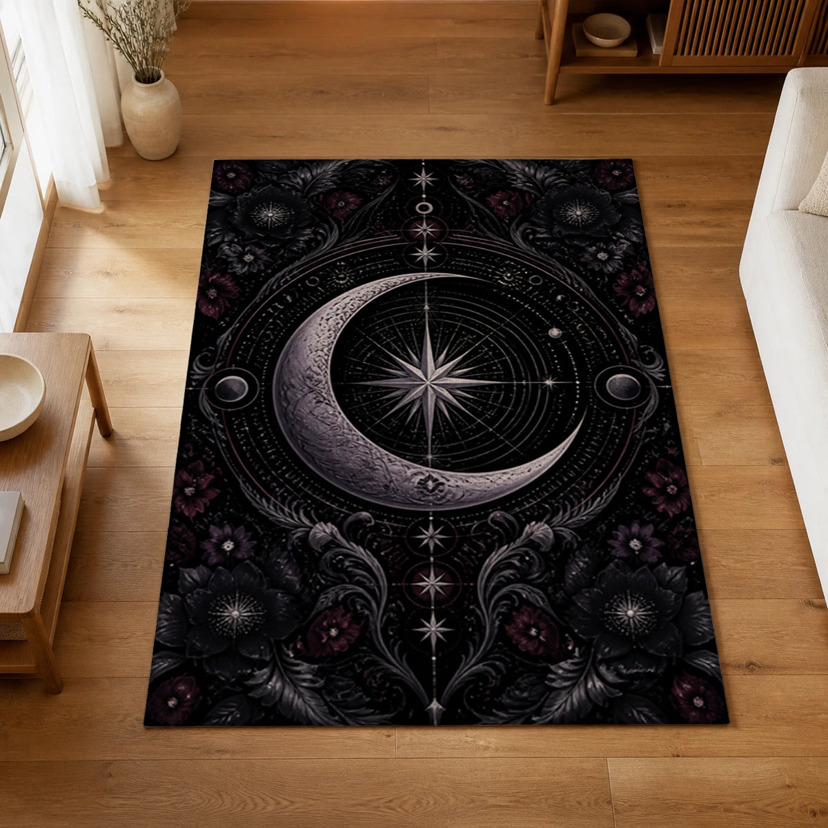 Celestial Emblem Black and Violet Area Rug — styled in a living space