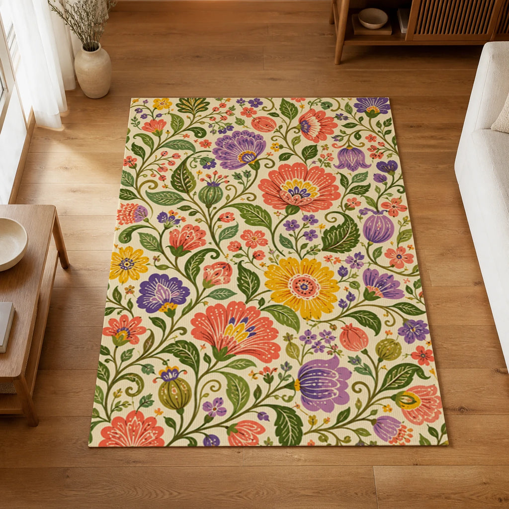 Wild Garden Colorful Floral Area Rug — styled in a living space