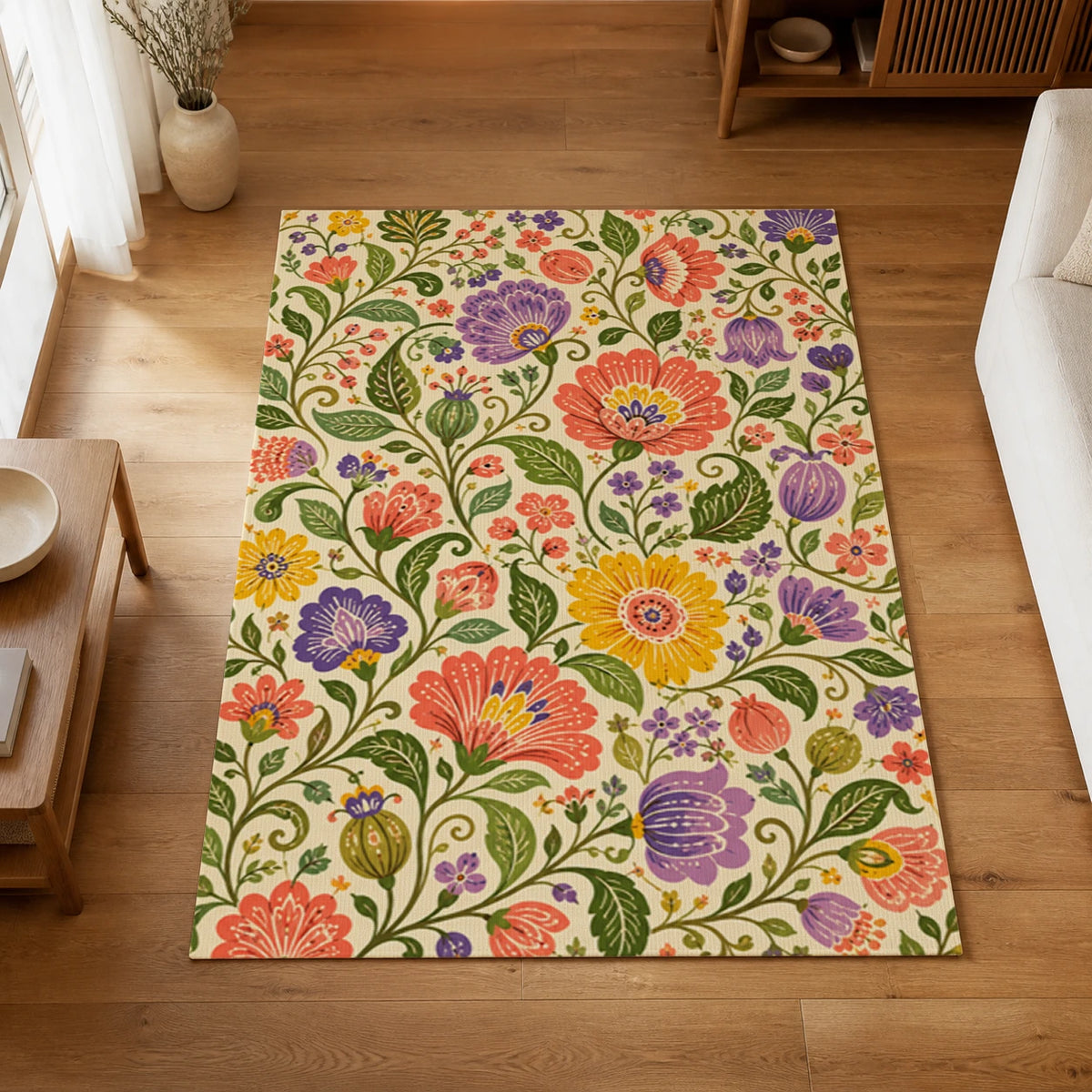 Wild Garden Colorful Floral Area Rug — styled in a living space