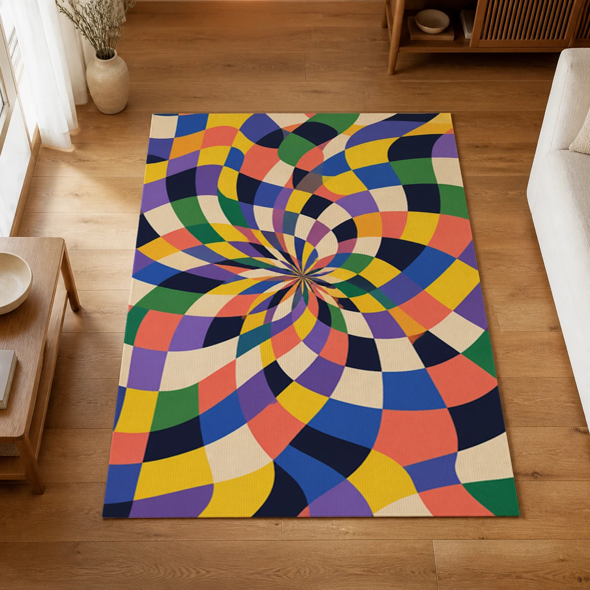 Expressive Checkerboard Colorful Optical Area Rug — styled in a living space