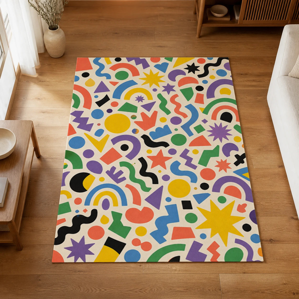 Geometric Confetti Colorful Modern Area Rug — styled in a living space