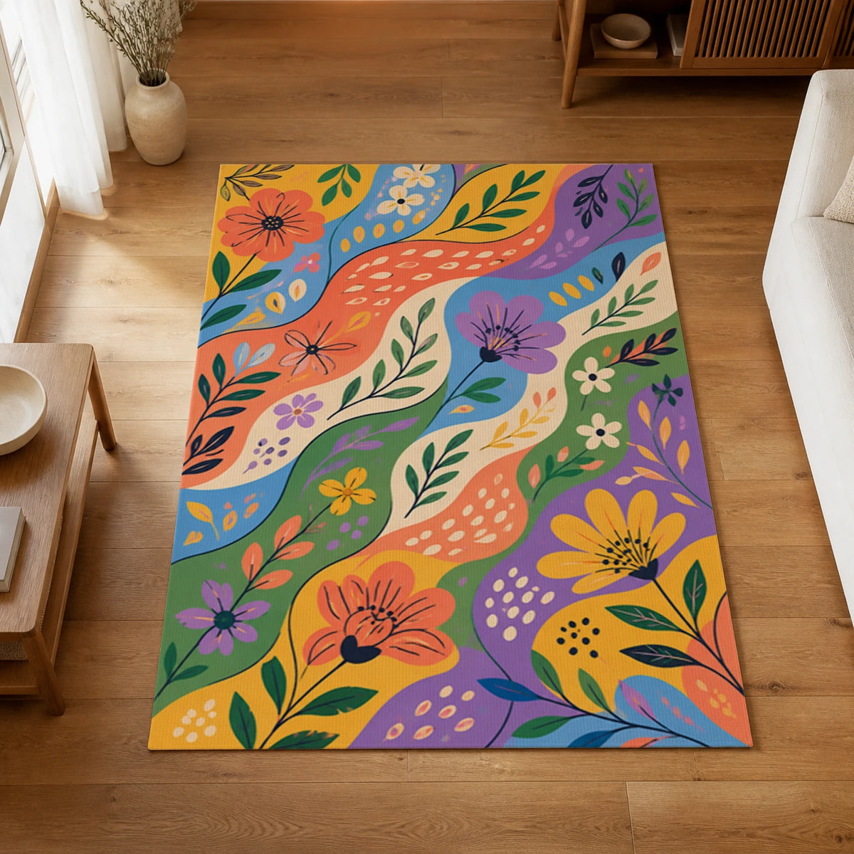 Flowing Color Blocks Playful Abstract Area Rug — styled in a living space