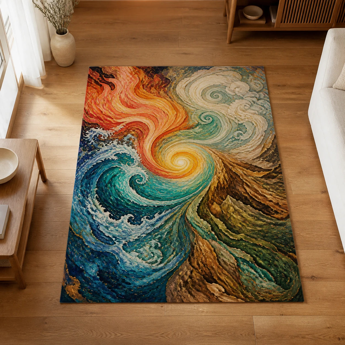 Four Element Convergence Statement Area Rug — styled in a living space