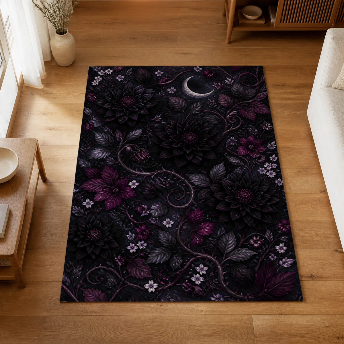 Midnight Botanicals Gothic Floral Area Rug — styled in a living space