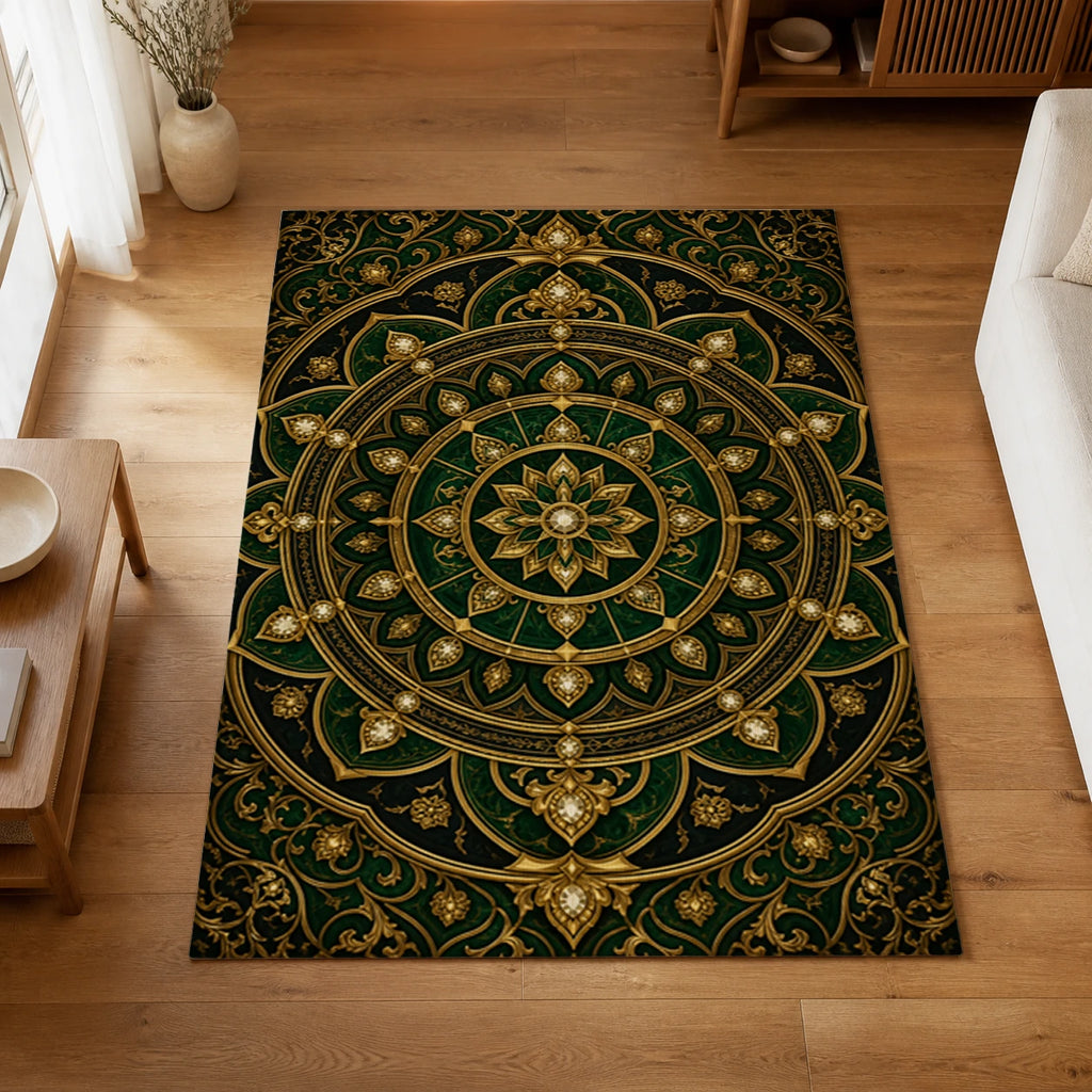 Ornamental Vault Emerald and Gold Area Rug — styled in a living space