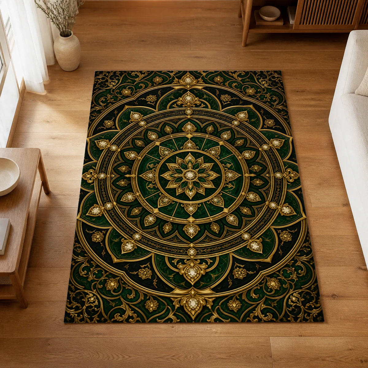 Ornamental Vault Emerald and Gold Area Rug — styled in a living space