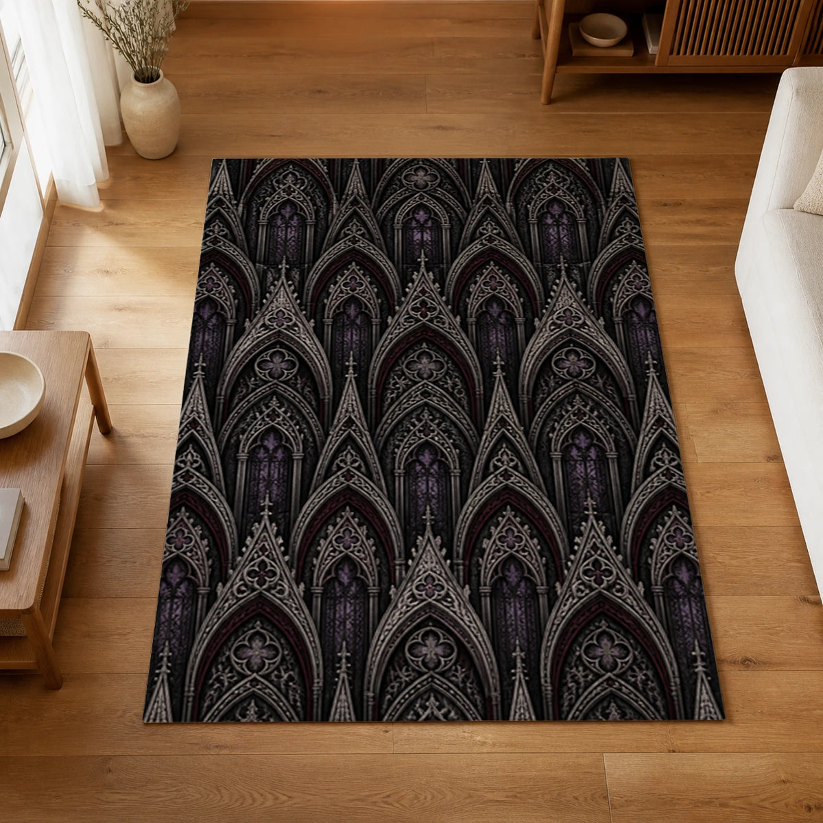Gothic Arches Dark Architectural Area Rug — styled in a living space