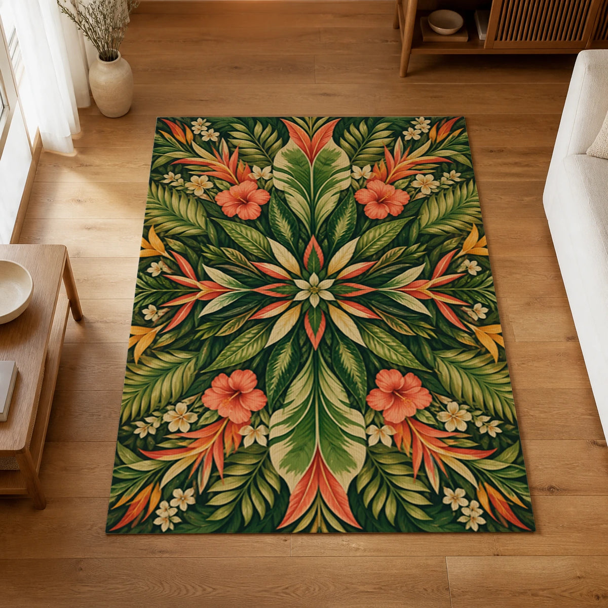 Tropical Rhythm Botanical Statement Area Rug — styled in a living space