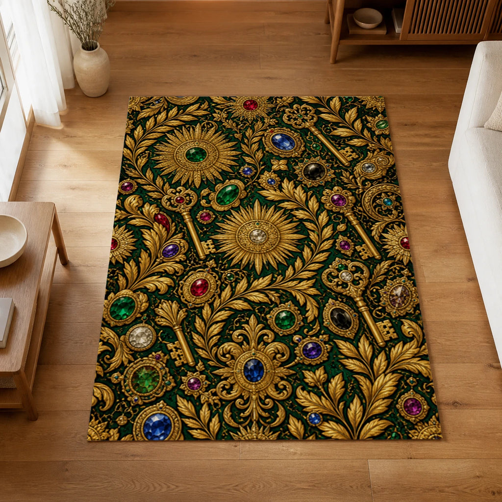 Golden Abundance Emerald Luxury Area Rug — styled in a living space