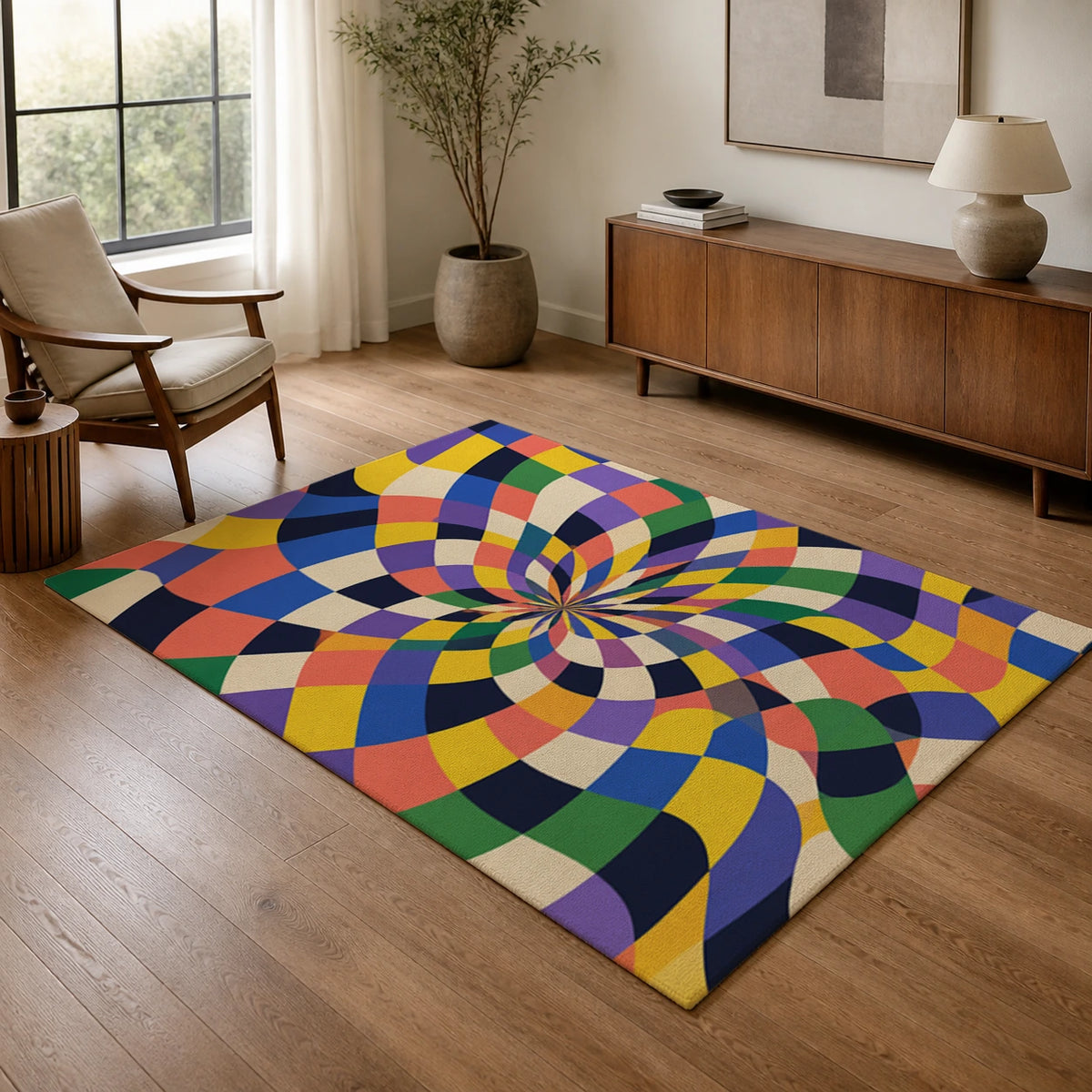 Expressive Checkerboard Colorful Optical Area Rug — texture and edge detail