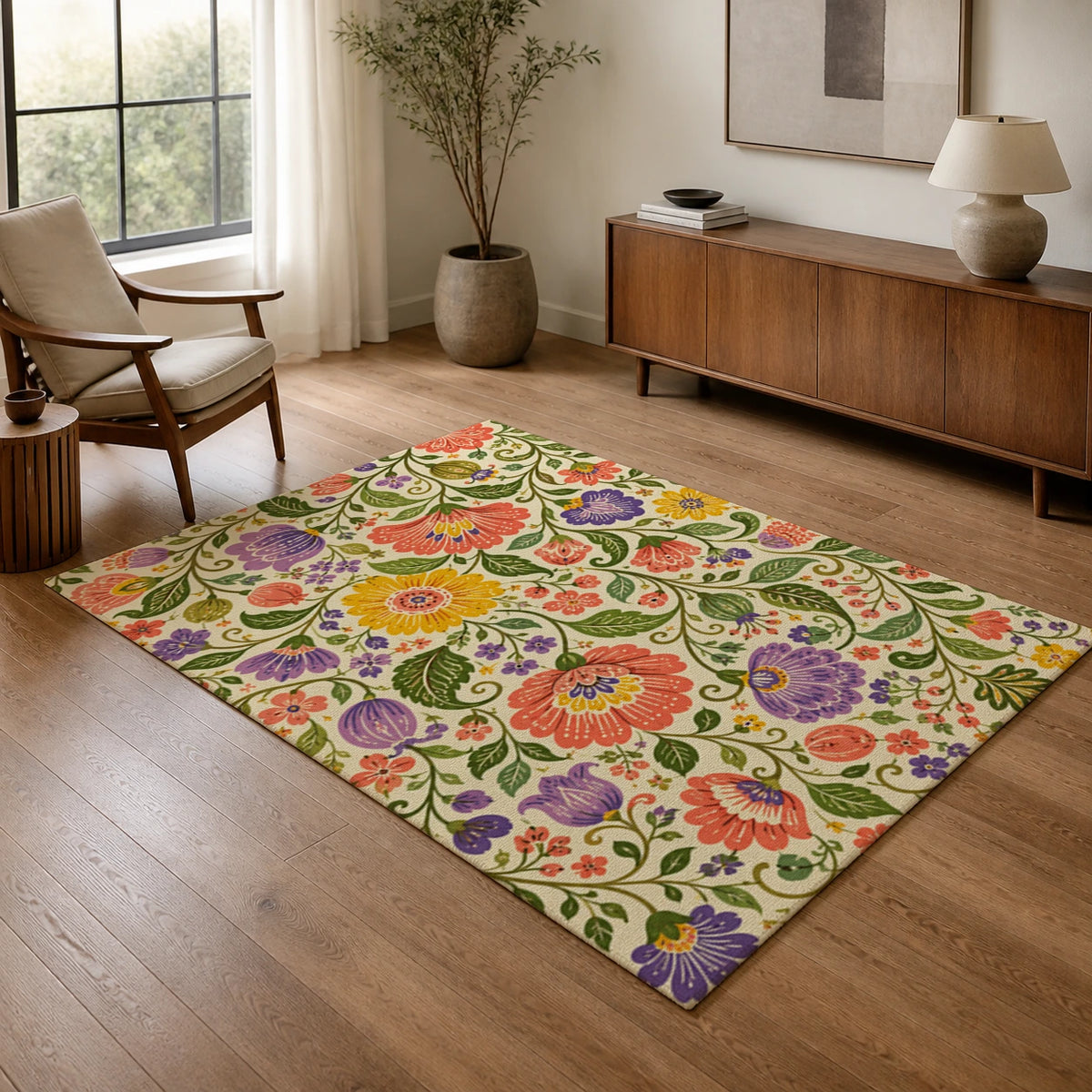 Wild Garden Colorful Floral Area Rug — texture and edge detail
