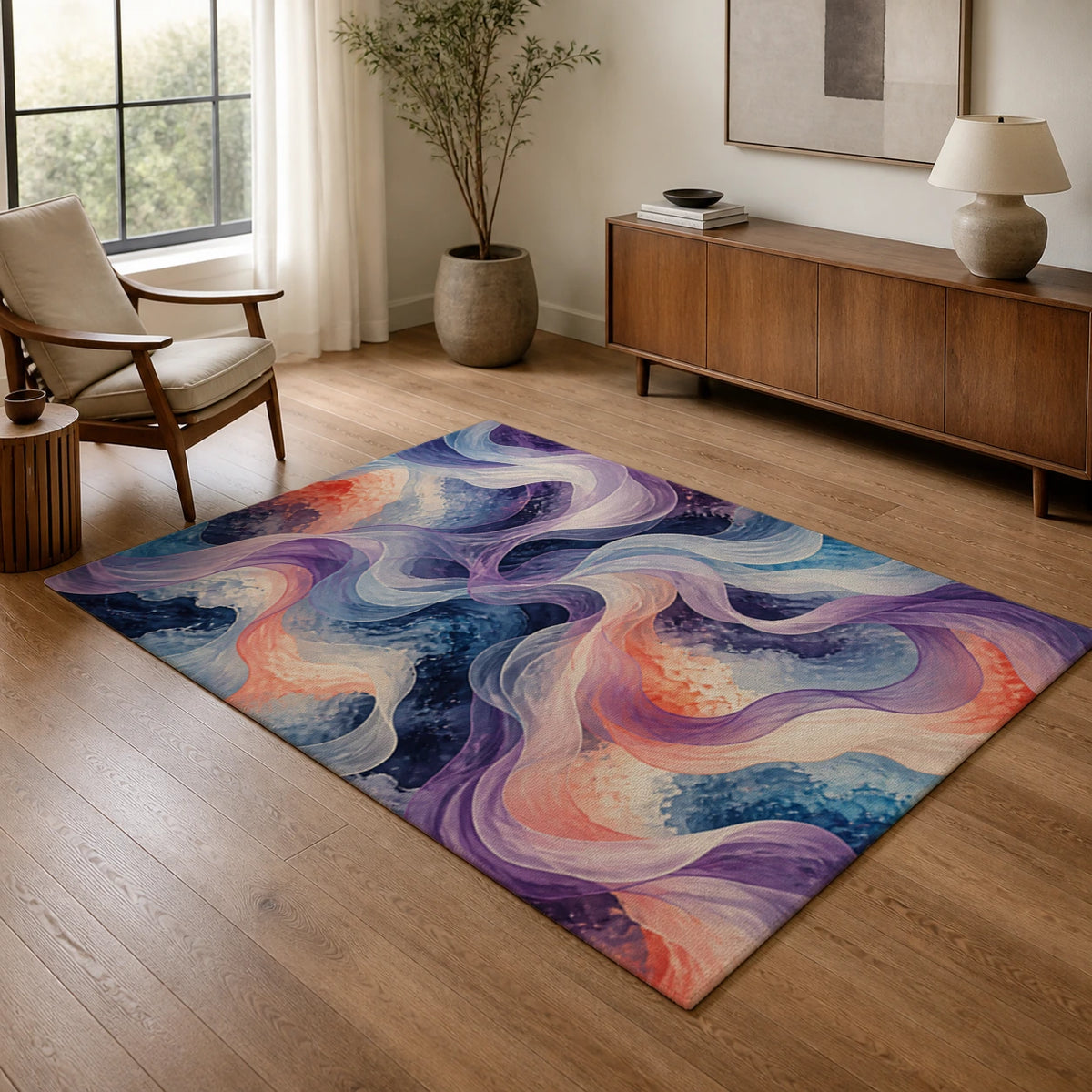 Ethereal Ribbons Blue and Violet Area Rug — texture and edge detail