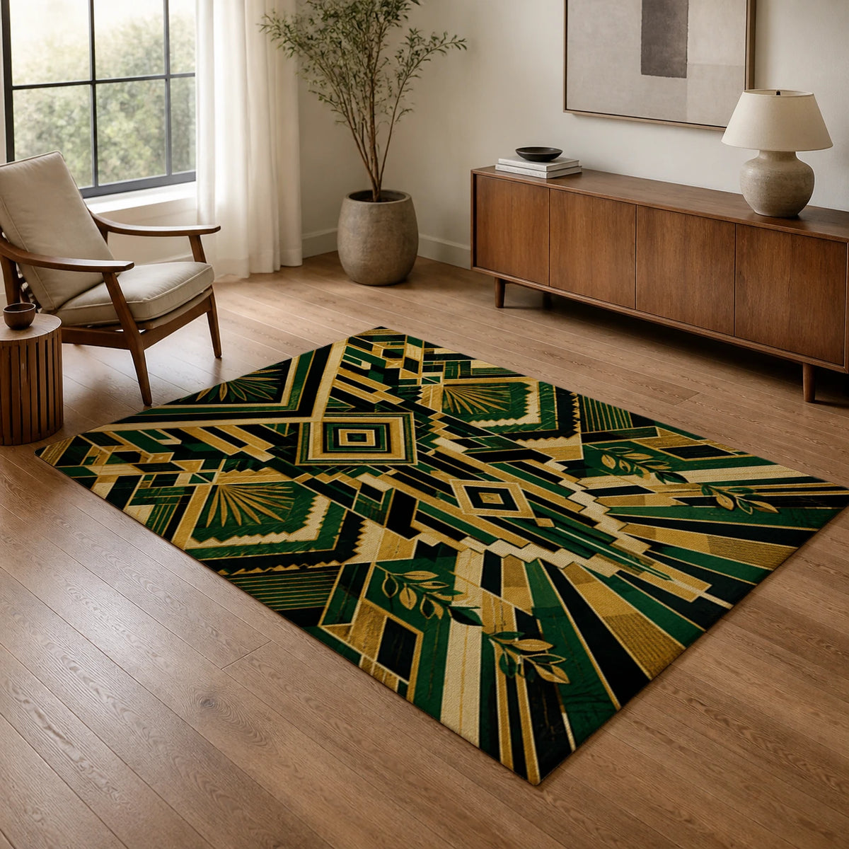 Wealth Geometry Green Art Deco Area Rug — texture and edge detail