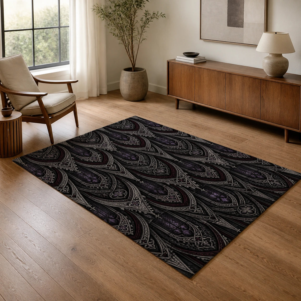 Gothic Arches Dark Architectural Area Rug — texture and edge detail