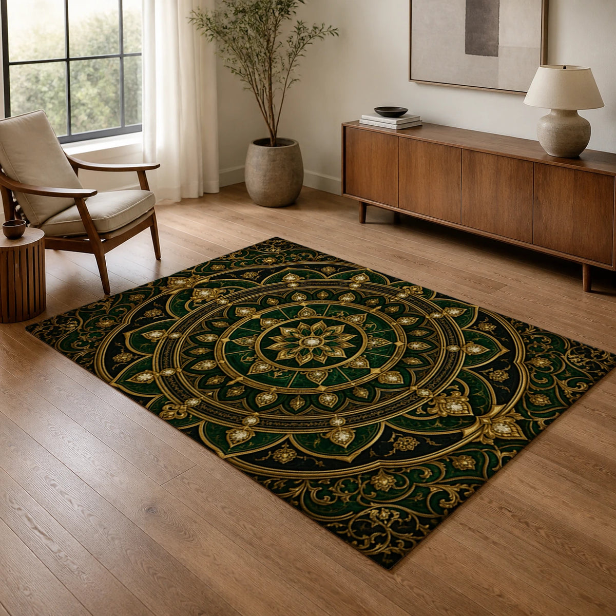 Ornamental Vault Emerald and Gold Area Rug — texture and edge detail