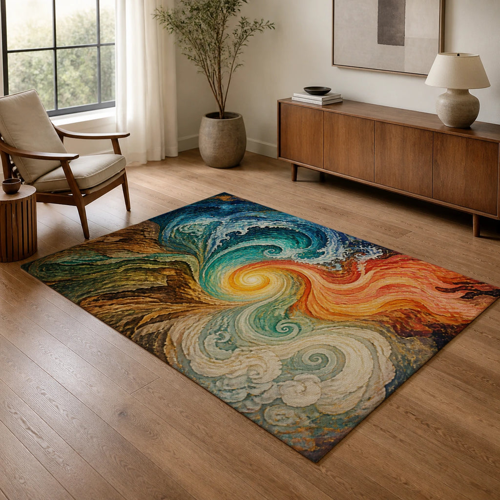Four Element Convergence Statement Area Rug — texture and edge detail