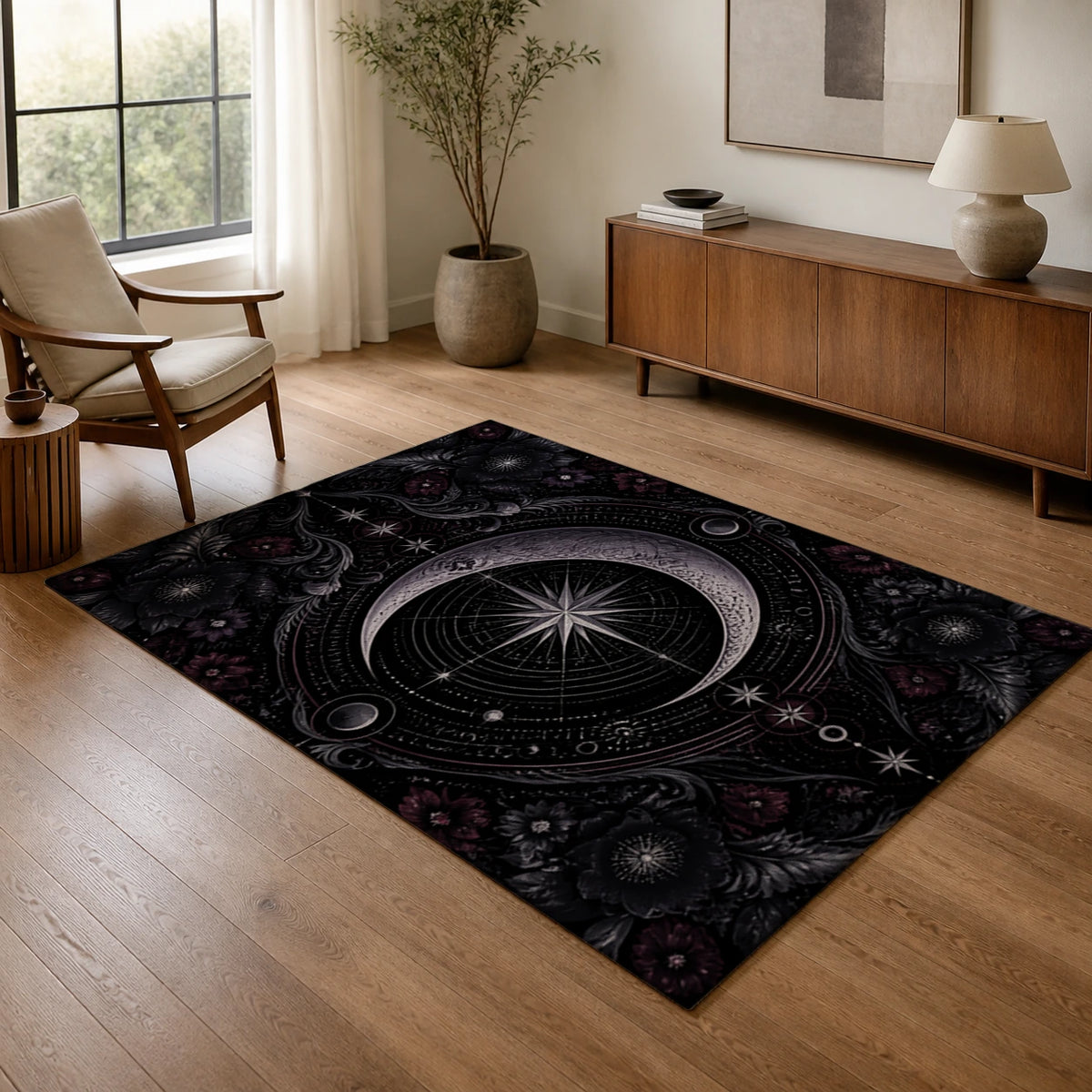 Celestial Emblem Black and Violet Area Rug — texture and edge detail