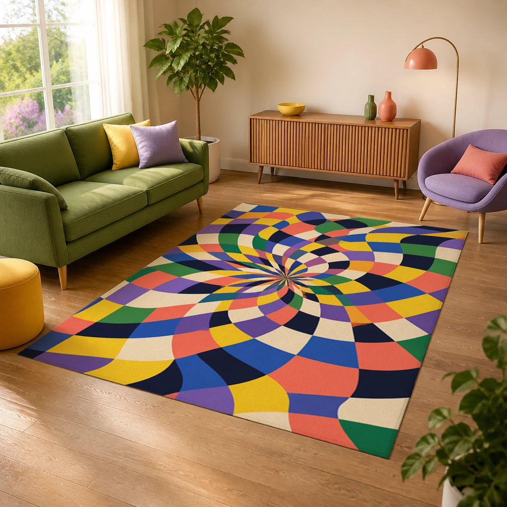 Expressive Checkerboard Colorful Optical Area Rug — alternate angle