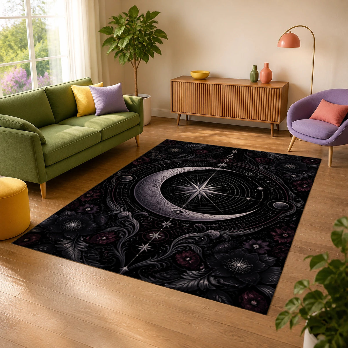Celestial Emblem Black and Violet Area Rug — alternate angle