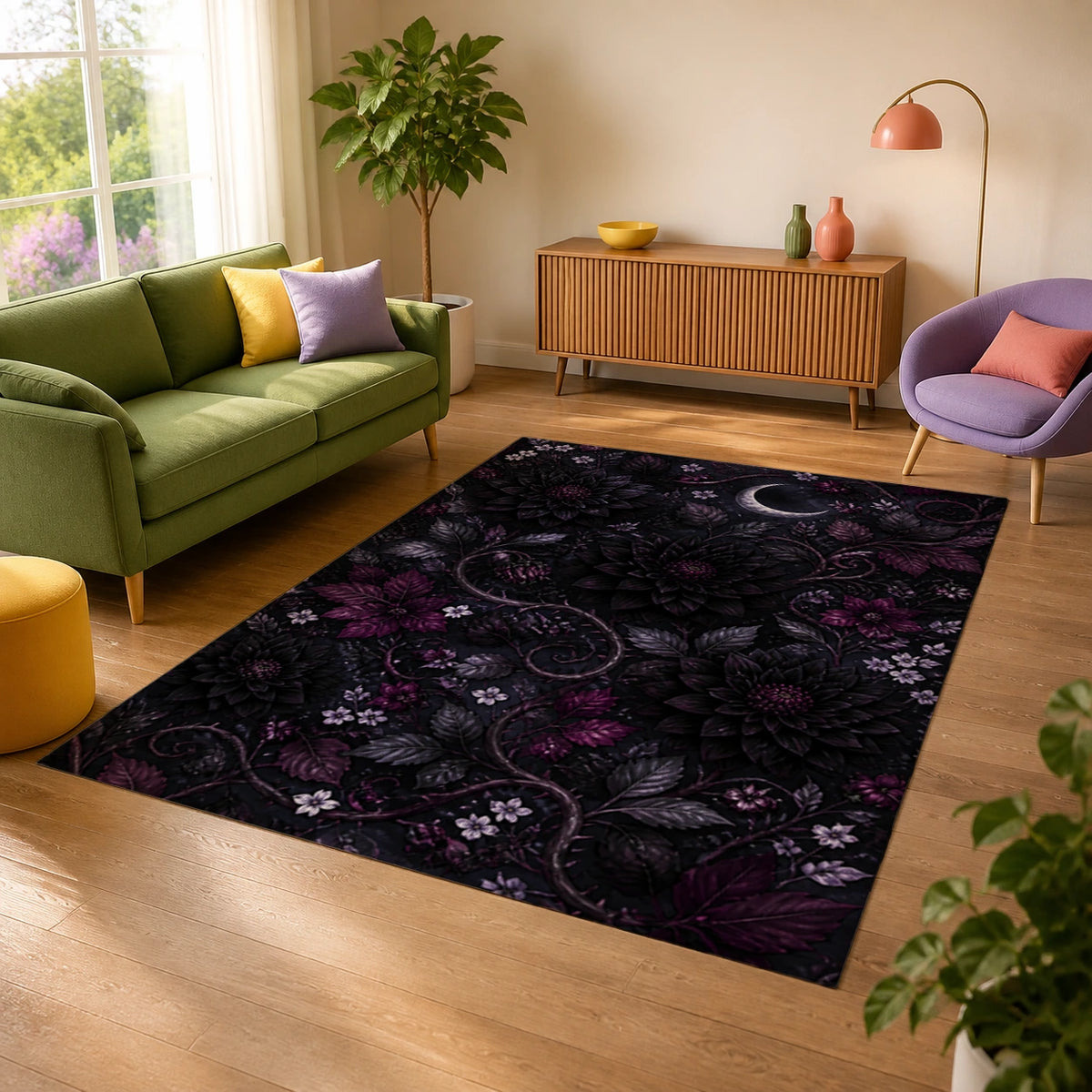 Midnight Botanicals Gothic Floral Area Rug — alternate angle