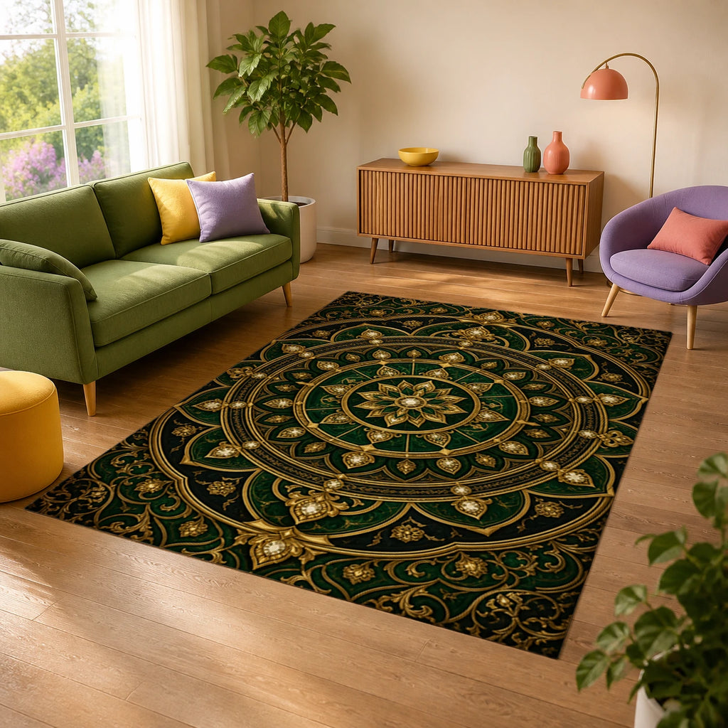 Ornamental Vault Emerald and Gold Area Rug — alternate angle
