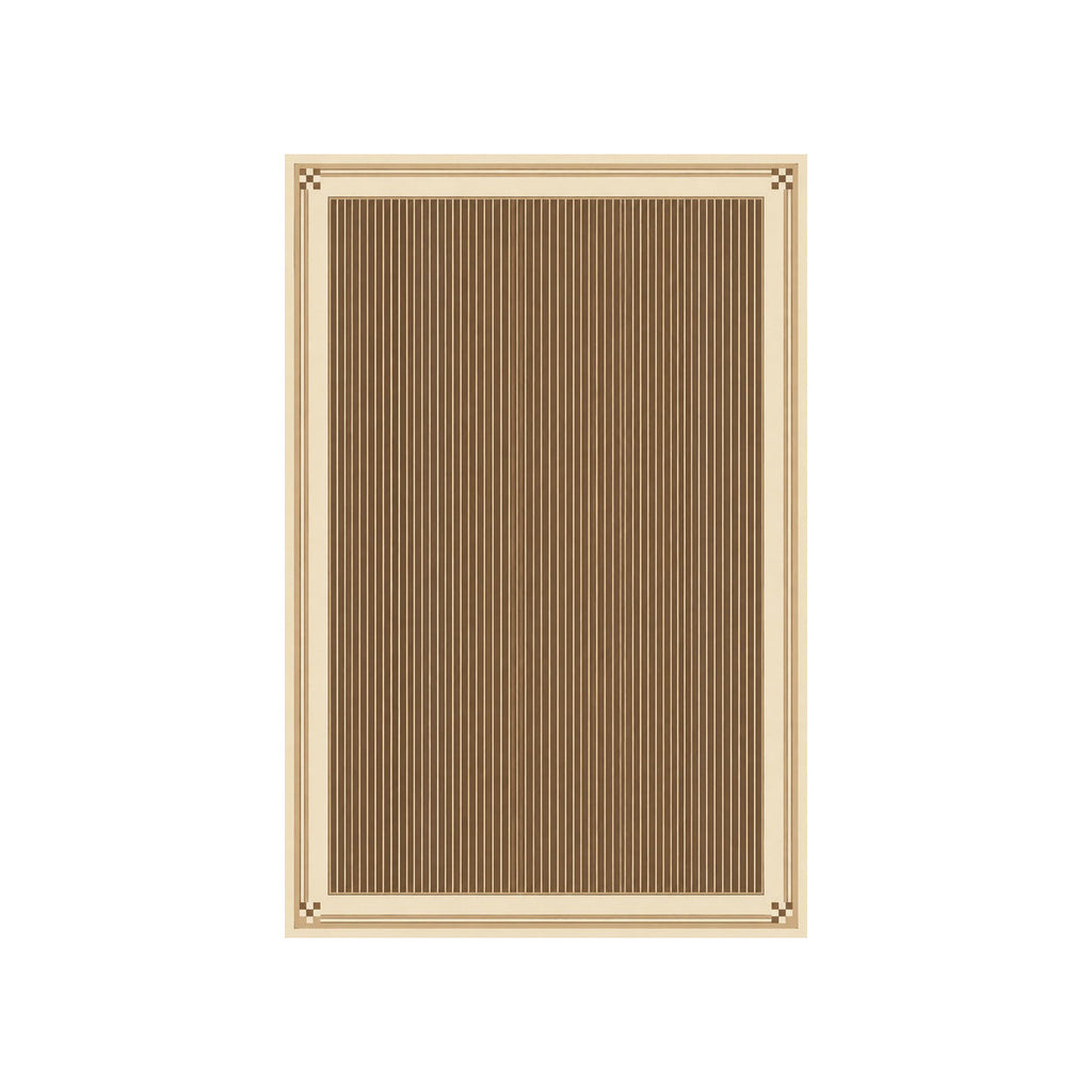 Kartela Fine Stripe washable striped bordered area rug in Beige, flat product view on a white background