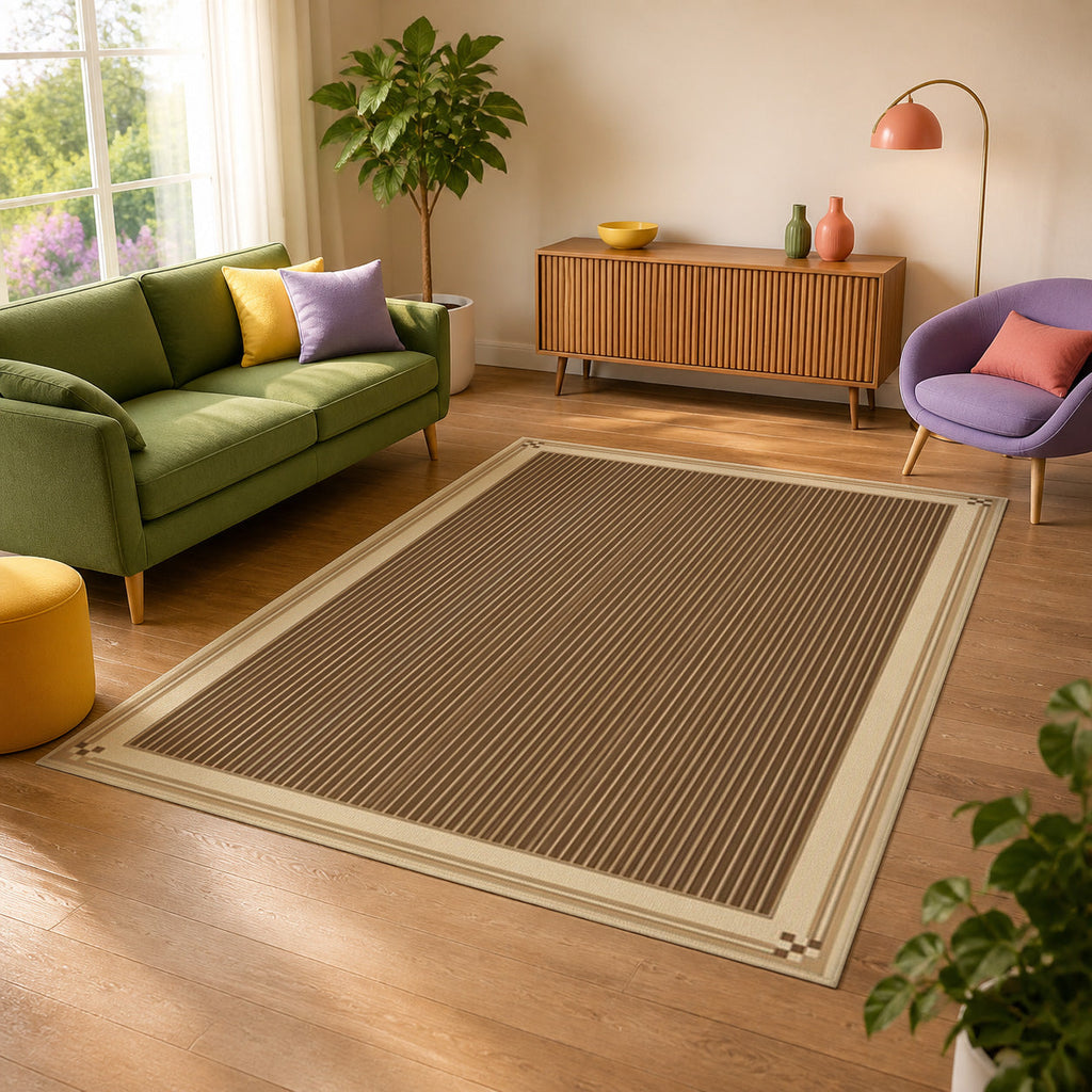 Kartela Fine Stripe washable striped bordered area rug in Beige, in a sunny living room with a green sofa