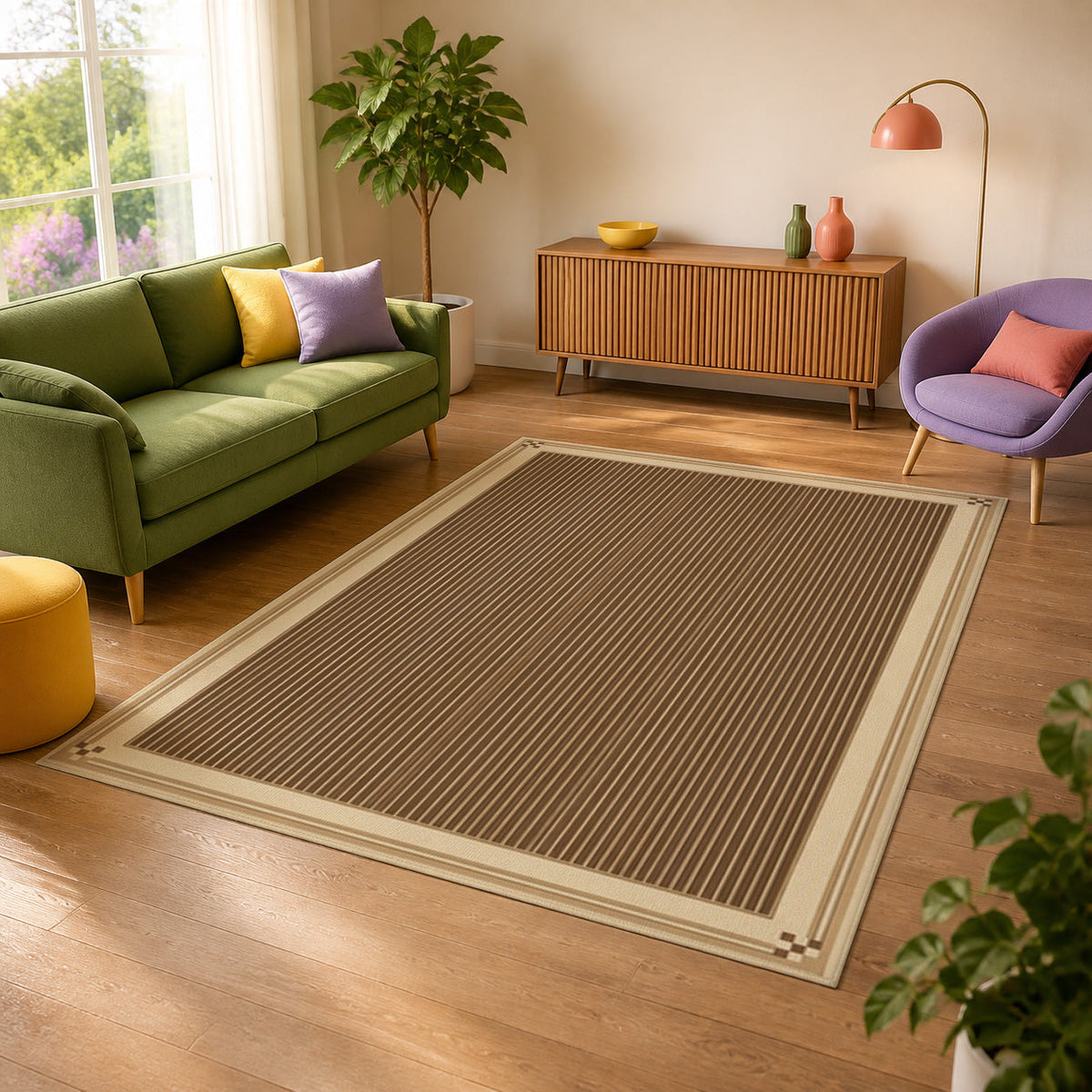 Kartela Fine Stripe washable striped bordered area rug in Beige, in a sunny living room with a green sofa