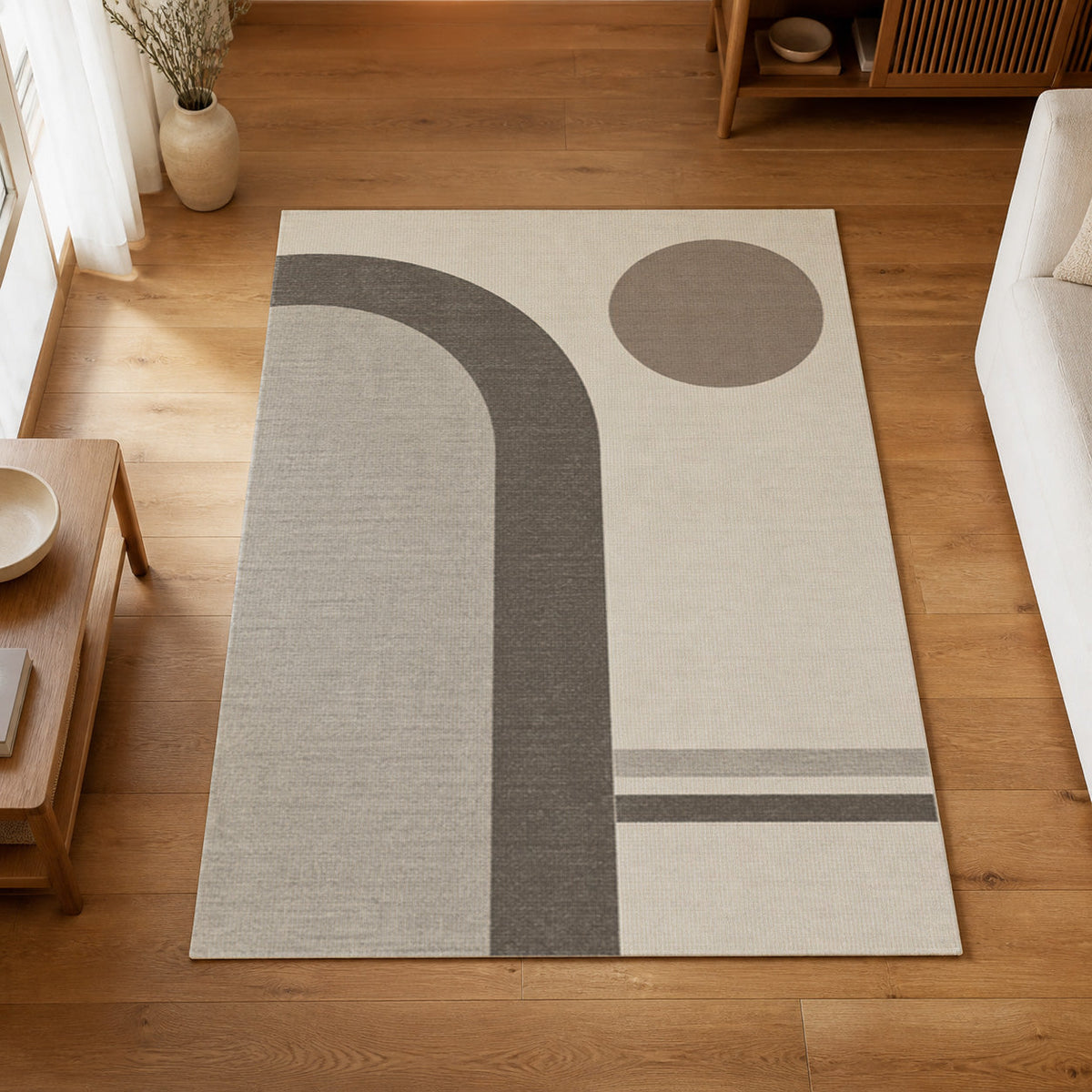 Kartela Japandi Arch washable Japandi arch area rug in Light Gray, on a wooden floor in a bright living room