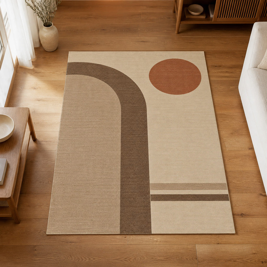 Kartela Japandi Arch washable Japandi arch area rug in Beige, on a wooden floor in a bright living room
