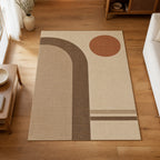 Kartela Japandi Arch washable Japandi arch area rug in Beige, on a wooden floor in a bright living room