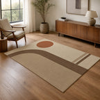 Kartela Japandi Arch washable Japandi arch area rug in Beige, in a living room with an armchair and sideboard