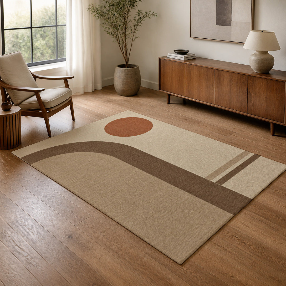 Kartela Japandi Arch washable Japandi arch area rug in Beige, in a living room with an armchair and sideboard