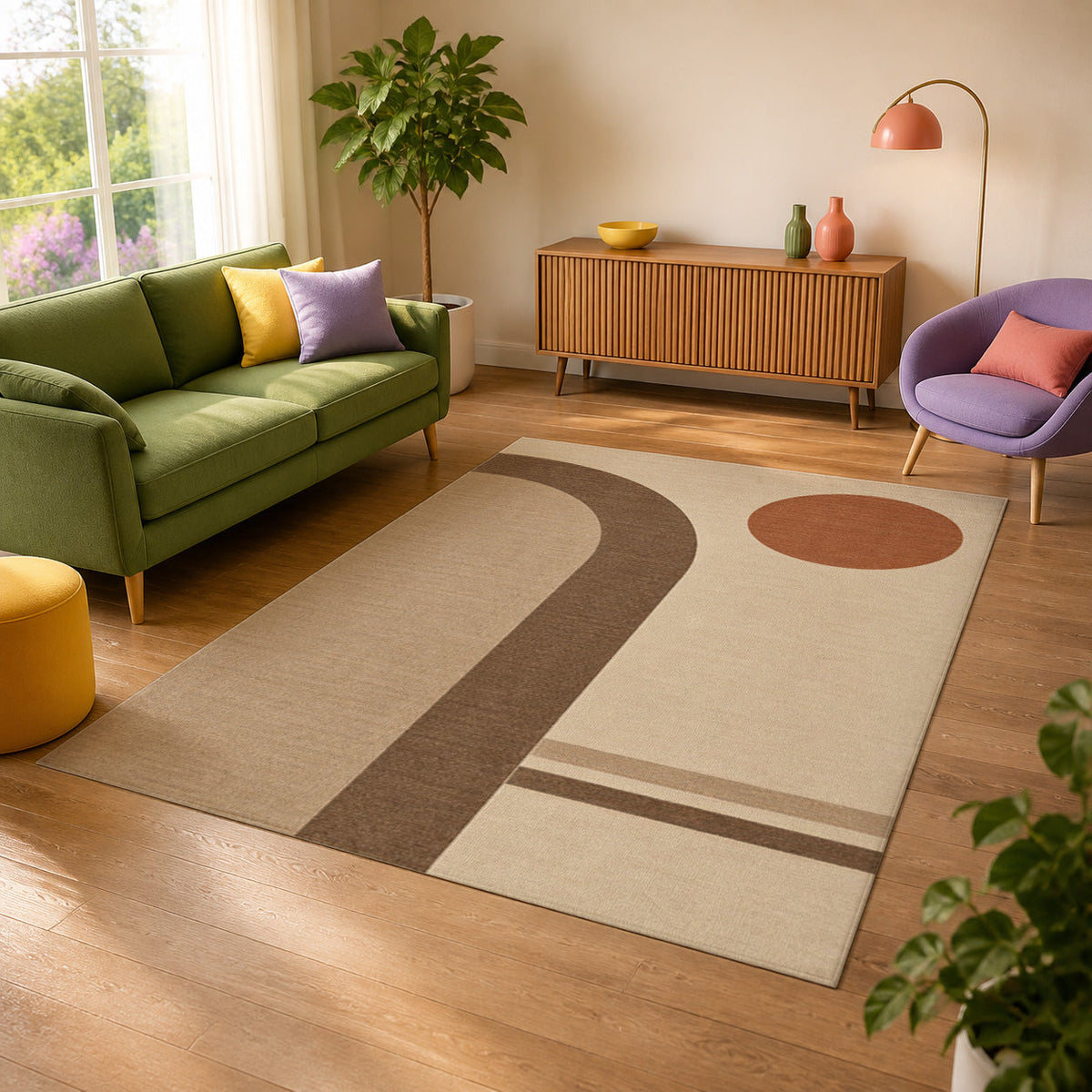 Kartela Japandi Arch washable Japandi arch area rug in Beige, in a sunny living room with a green sofa
