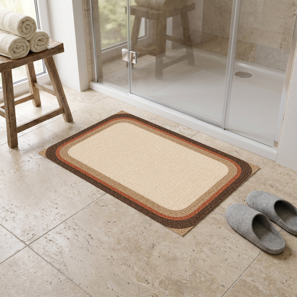 Kartela Jute Frame washable jute-look bath mat in Beige, in front of a glass shower with slippers