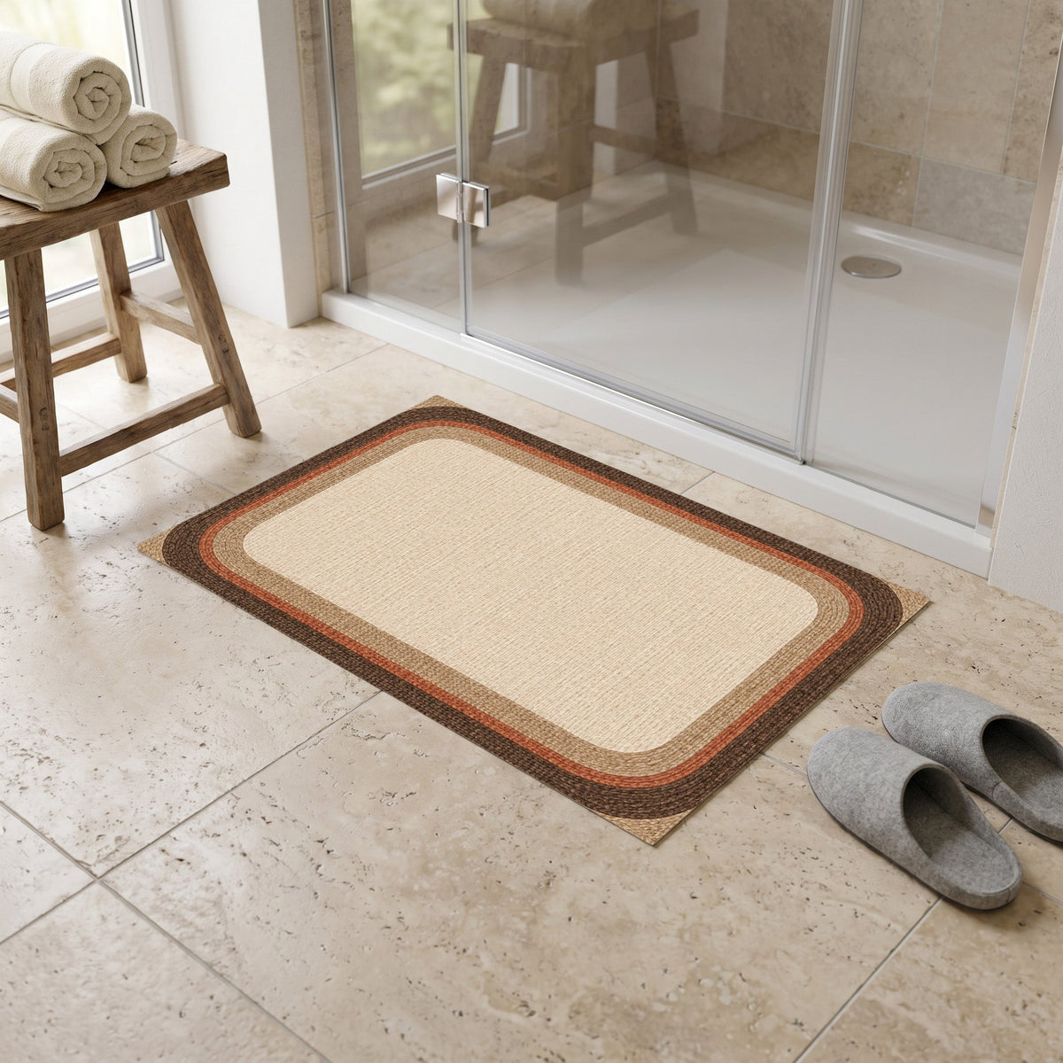 Kartela Jute Frame washable jute-look bath mat in Beige, in front of a glass shower with slippers