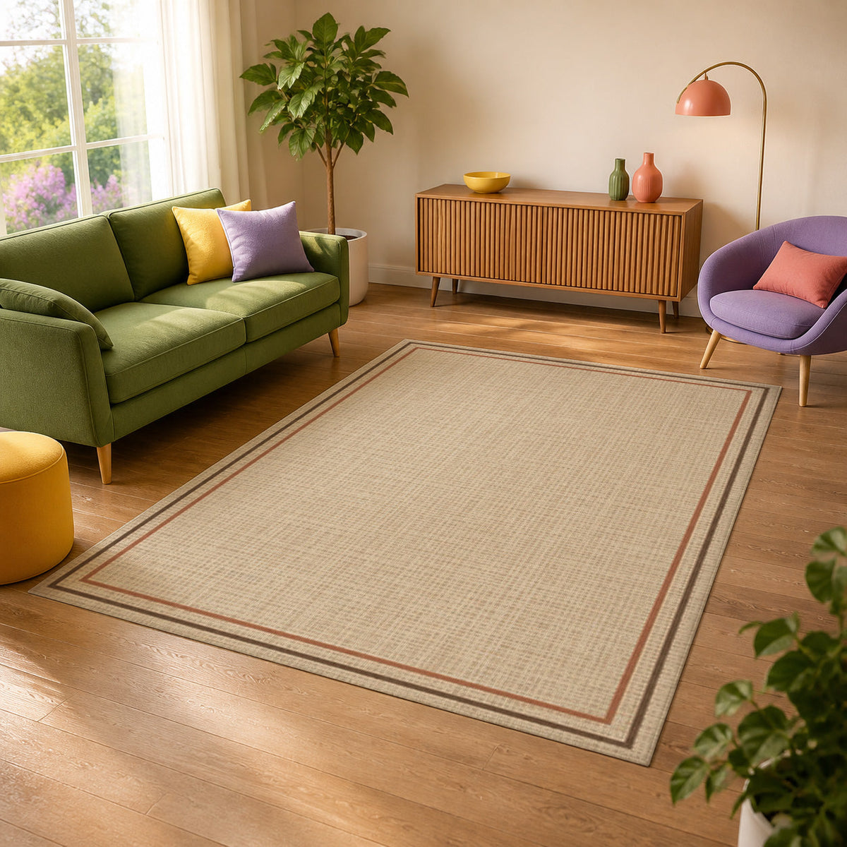 Kartela Double Frame washable jute-look double border area rug in Beige, in a sunny living room with a green sofa