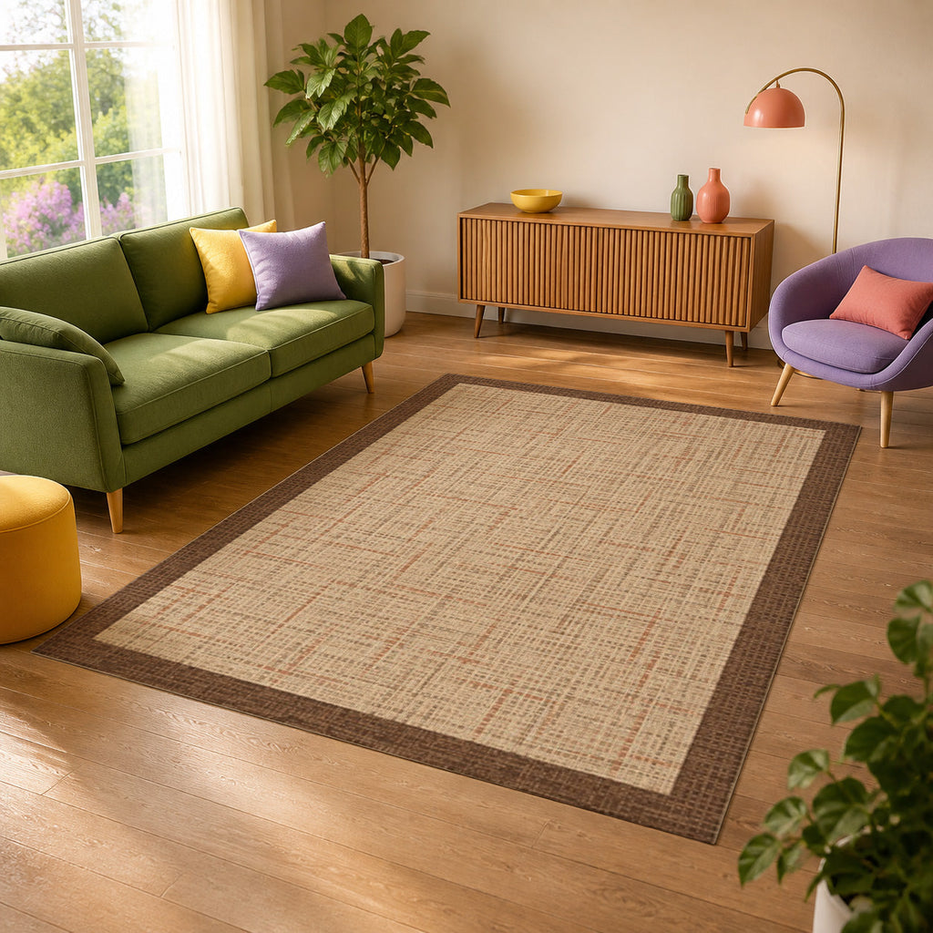 Kartela Jute Frame washable jute-look bordered area rug in Beige, in a sunny living room with a green sofa