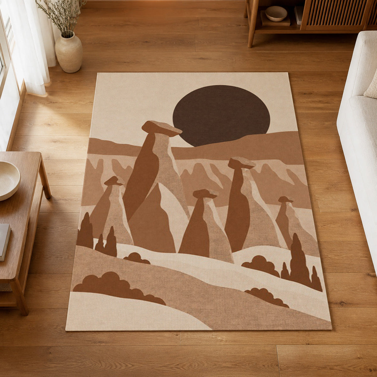 Kartela Cappadocia washable fairy chimney area rug in Copper, on a wooden floor in a bright living room
