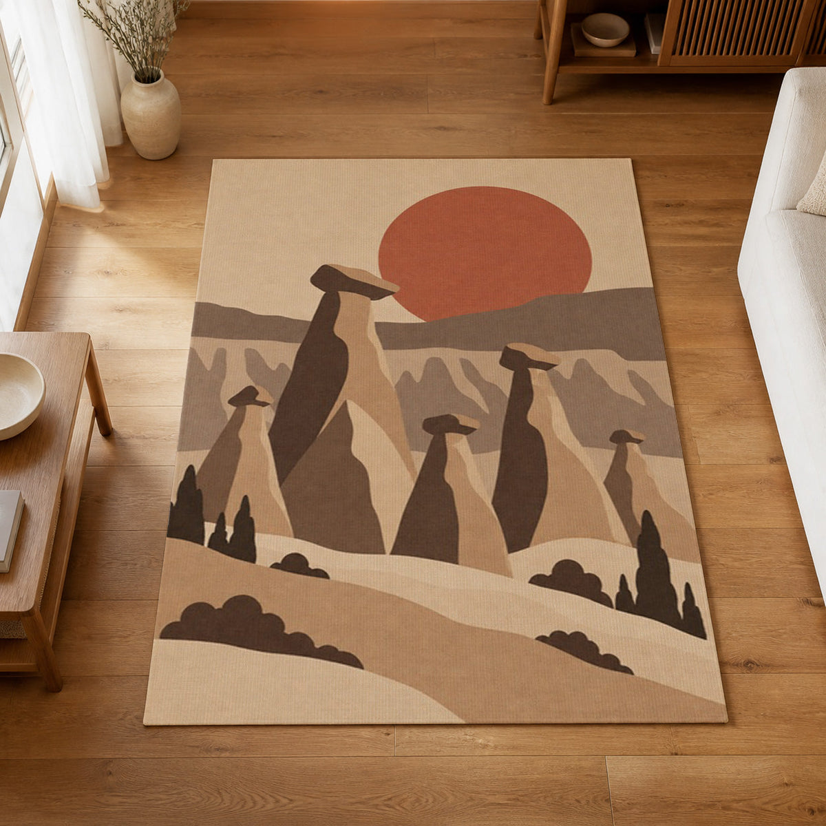 Kartela Cappadocia washable fairy chimney area rug in Beige, on a wooden floor in a bright living room