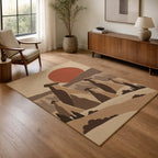 Kartela Cappadocia washable fairy chimney area rug in Beige, in a living room with an armchair and sideboard
