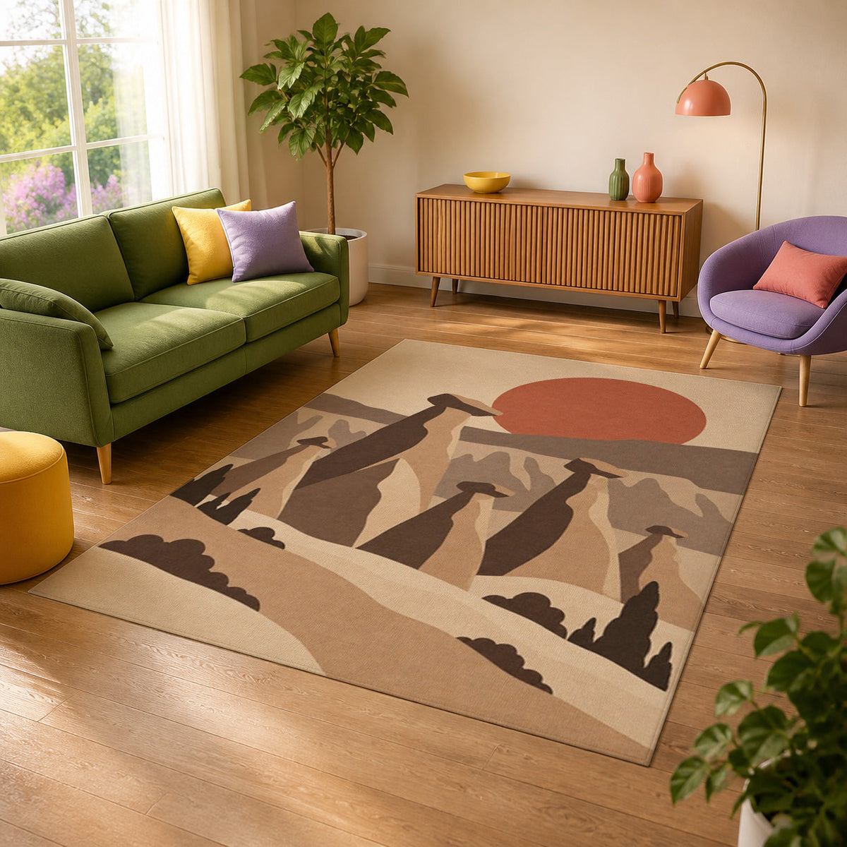 Kartela Cappadocia washable fairy chimney area rug in Beige, in a sunny living room with a green sofa