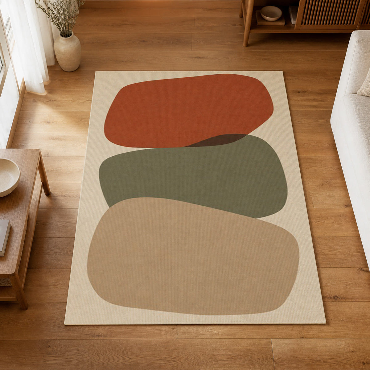 Kartela Cairn washable modern stone area rug in Beige, on a wooden floor in a bright living room