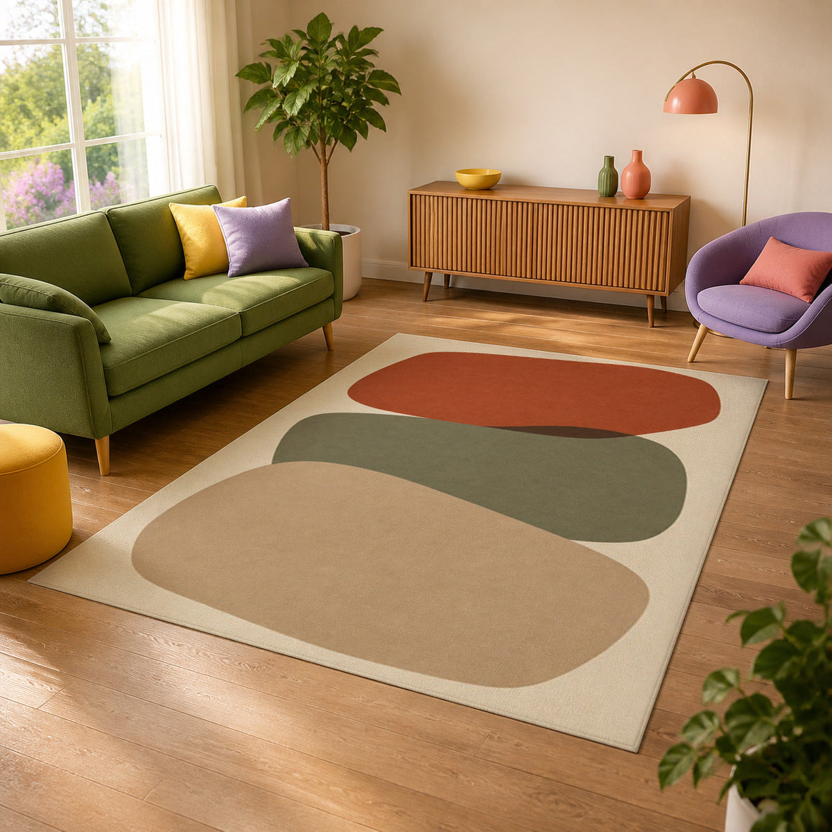 Kartela Cairn washable modern stone area rug in Beige, in a sunny living room with a green sofa